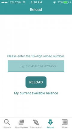 10. Enter the 16-digit reload number to reload credits.